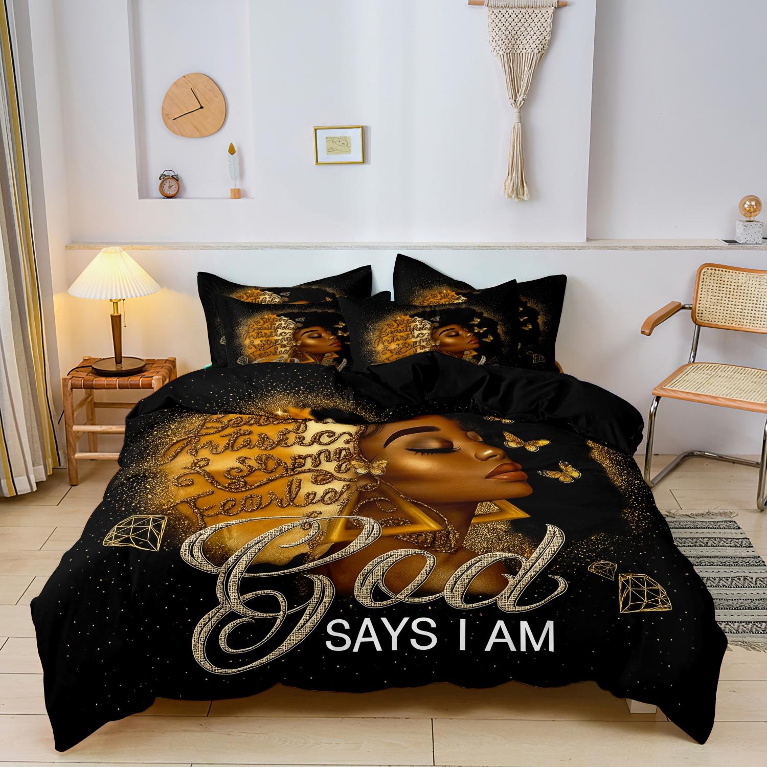 

3pcs Golden Powder Butterfly & Luxury Romantic Goddess-Inspired Duvet Cover Set, Soft Comfortable Bedding Set Bedroom Guest Room -135x200cm&set
