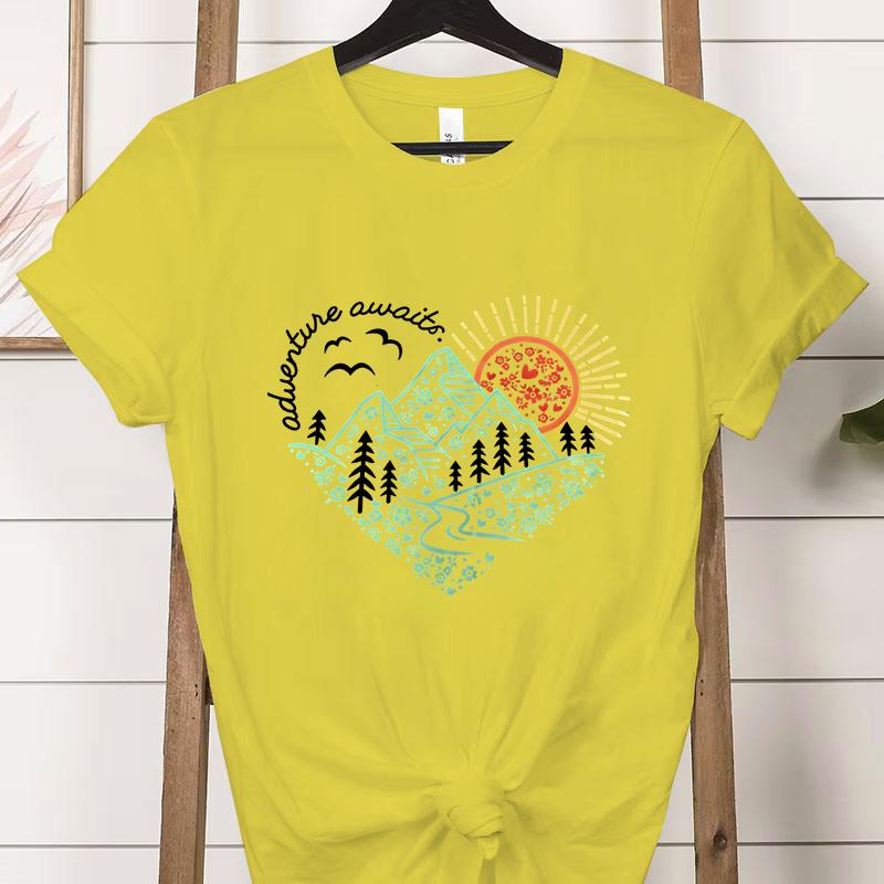 

Приключение ждет Футболка с дизайном сердца Женская Горный туризм Любитель природы Подарок Повседневные топы Приключения На открытом воздухе Кемпинг Футболки 3XL