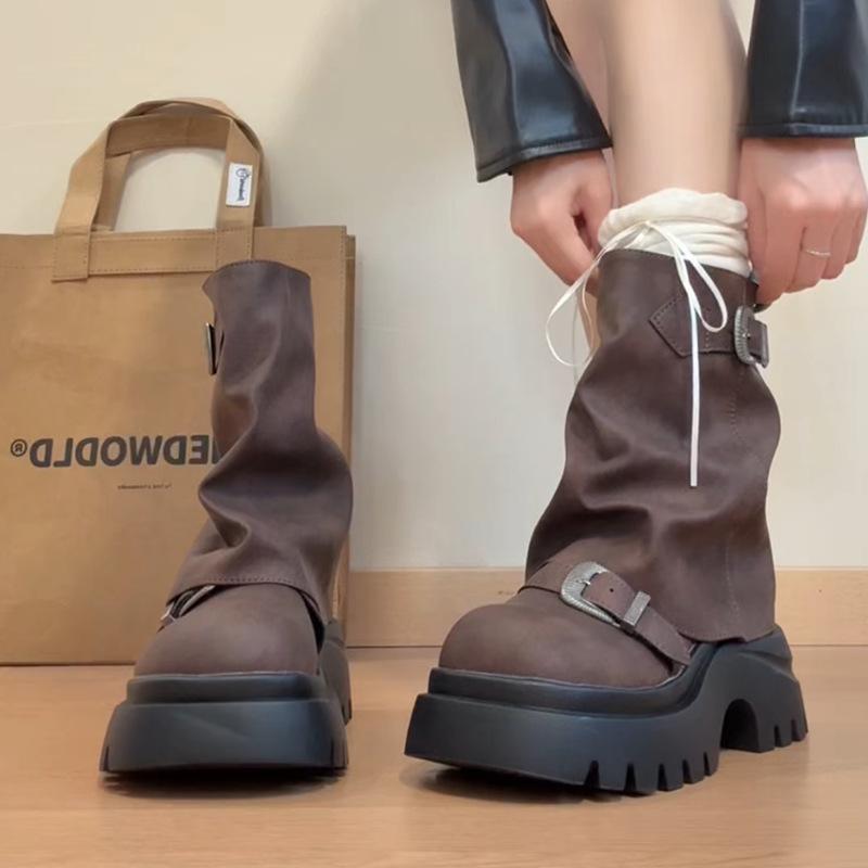 Retro Versatile Thick-soled Heightening Martin Boots Women's Autumn and Winter Fashion Casual Short Boots Maillard French Skirt Medium Boots