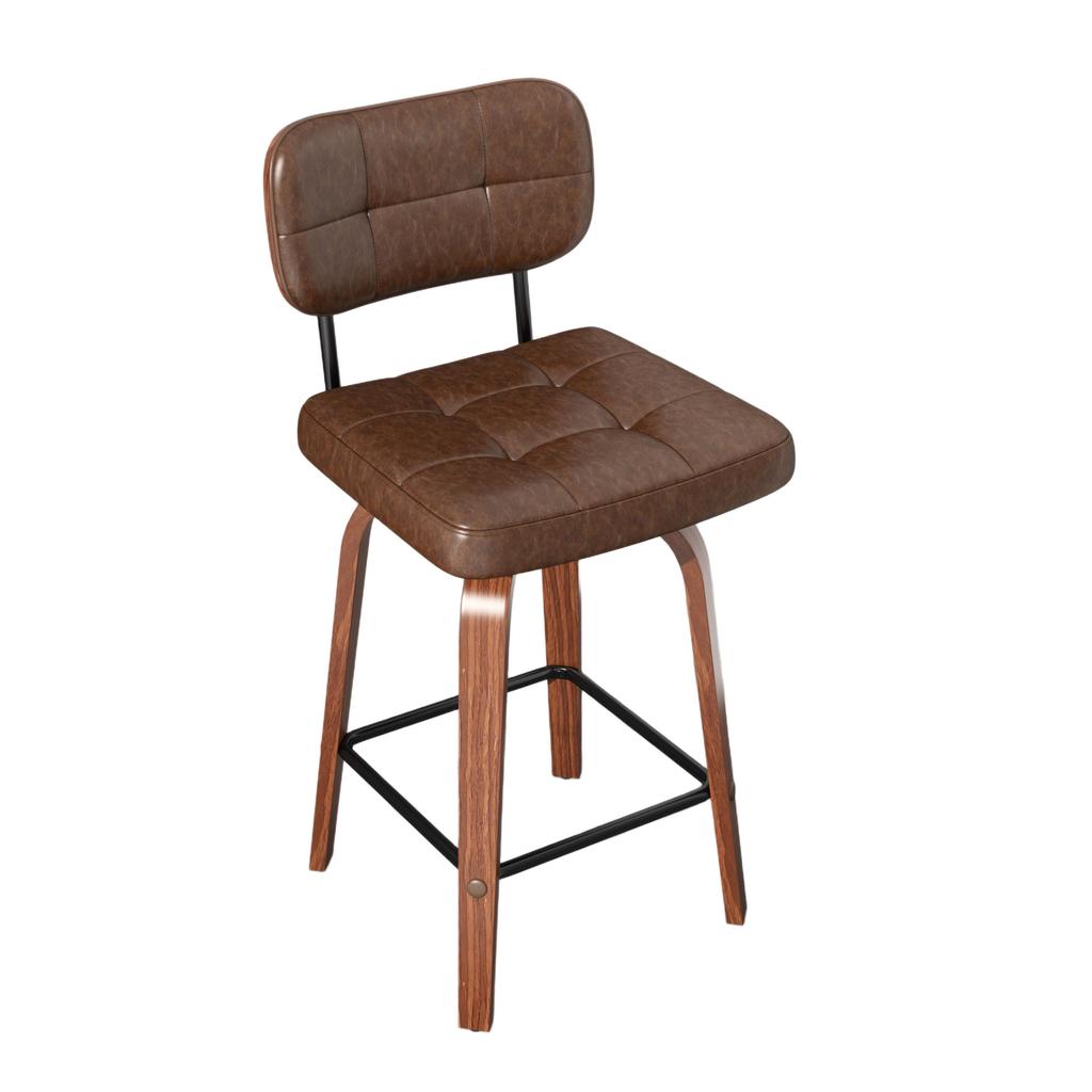 Bar Stool Curve – Swivel PU Upholstered Stool with Curved Wood Sickle Backrest & Metal Frame, 360 Degrees Swivel, Set of 2