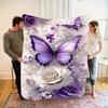 Soft Warm 1pc Purple Butterfly & Rose Floral Print Fleece Blanket | Luxury Throw for Home Decor, Camping, Travel - Machine Washa