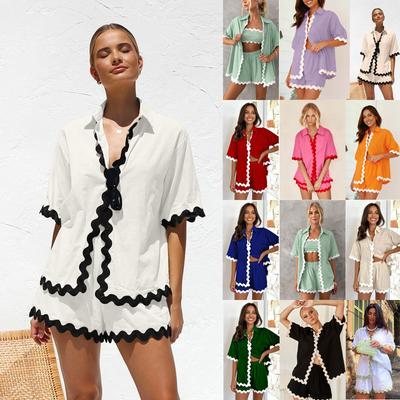 Damen Frühling Sommer Umlegekragen Einfarbig Kurzarm Hemd Anzug Lässig Weites Bein Shorts Zweiteiliges Set S-XL