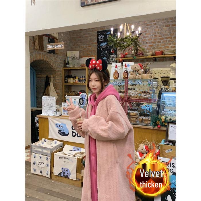 Women's Faux Two-Piece Hooded Lamb Wool Coat - Thick, Stylish Korean Winter Long Coat