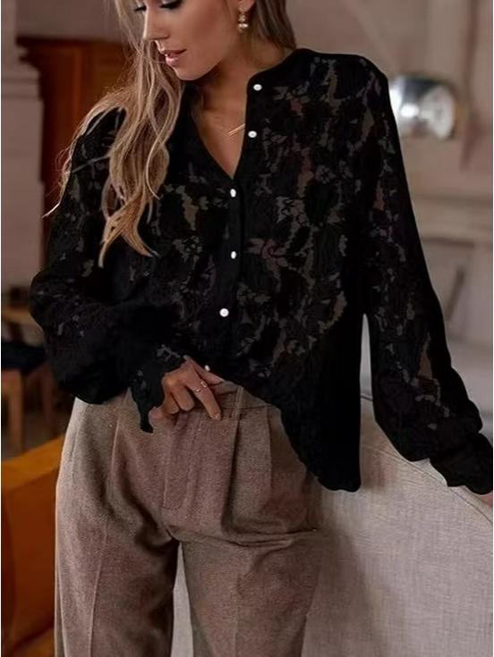 2025 European & Korean Elegant Lace Long Sleeve Button-Up Women's Shirt for Spring/Summer Fashion