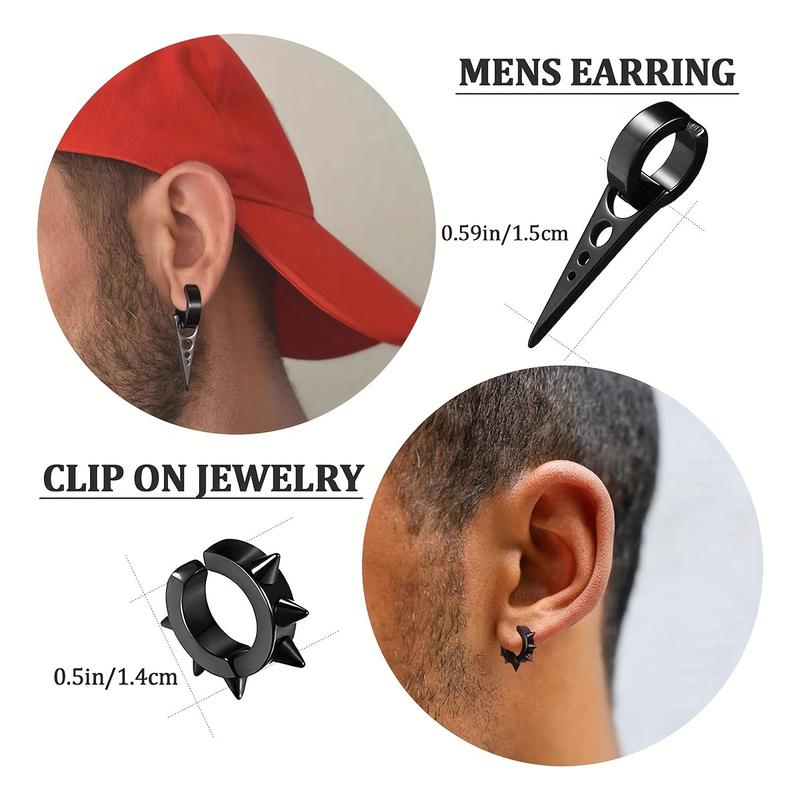 EVISPOL 11pcs Punk Style Stainless Steel Ear Clip Set Non-Piercing Hip-Hop Rivet Feather Pendant Earrings for Men and Women