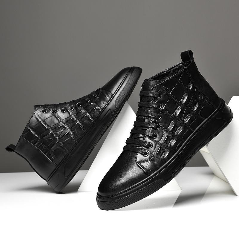 Vinter Herr Äkta Casual Läder Stilfulla Höga Brittisk Stil Chelsea Boots Män Eleganta Svarta Enfärgade Krokodilmönstrade Skor