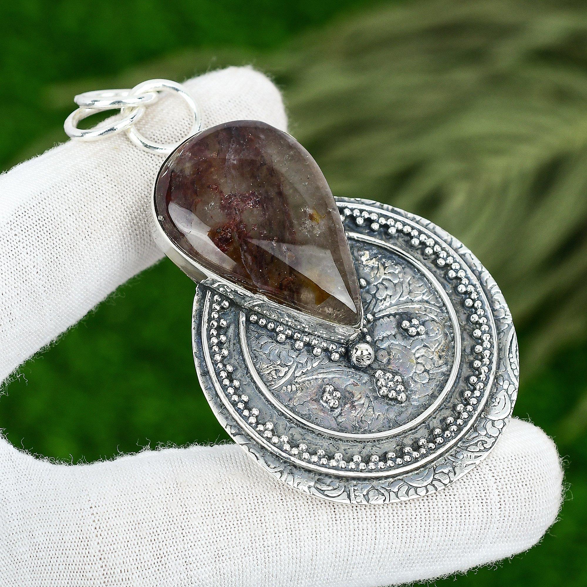 

Pear Elestial Quartz Gemstone 925 Sterling Silver New Bezel Mother Boho Pendant