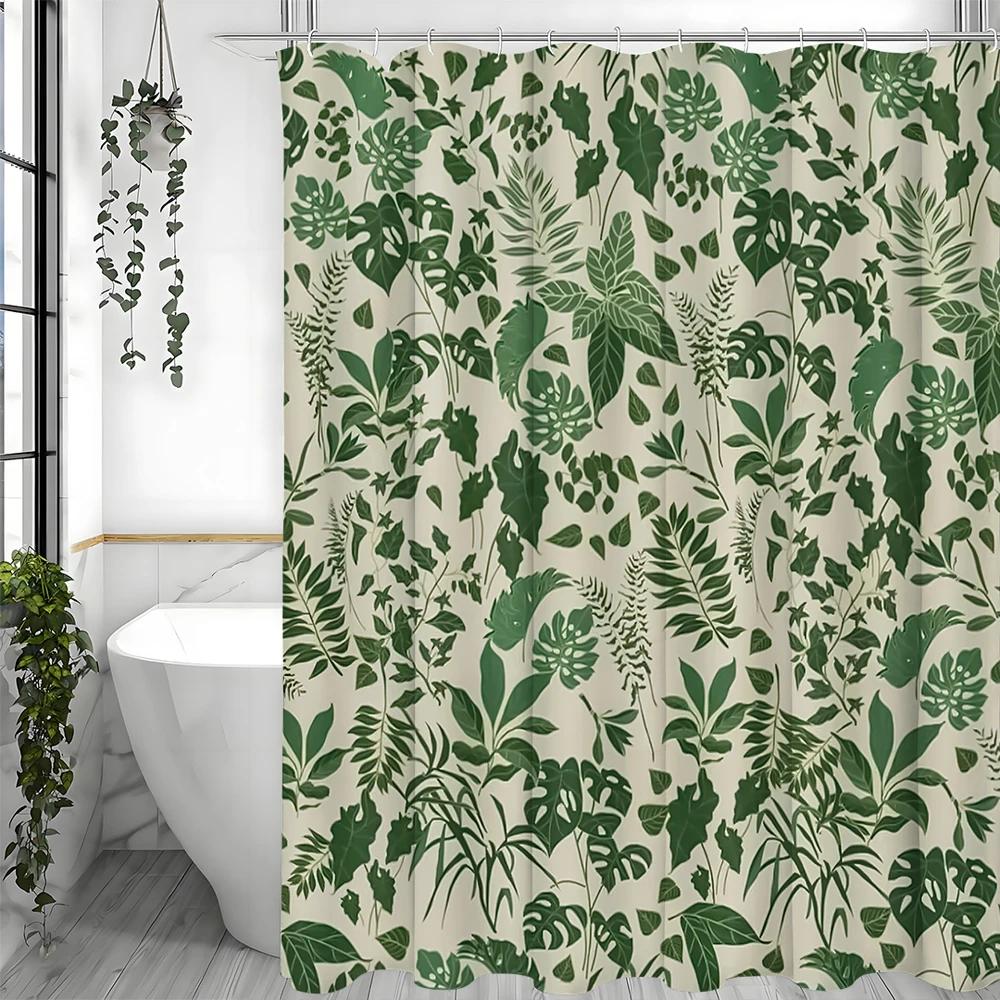Green Leaf Shower Curtain, Bathroom Decorative Shower Curtain, Waterproof Shower Curtain with Hooks
