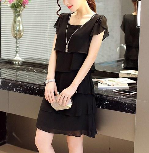 Kleid Damen Sommer Wellenschnitt Rüsche Süß Einfarbig Kurzarm Schlanke Kleider Dame Lässig All-Match Vestido Rundhalsausschnitt Chiffon