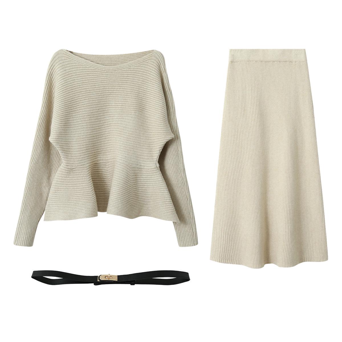 Mature Elegant Knit Top  High Waist Skirt Women s Two-Piece Set One Size