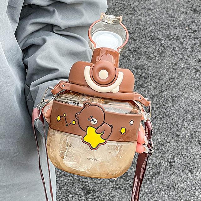 

Пластиковая бутылка для воды Kawaii Bear для детей, студенческий большой живот, двойная соломенная чашка для напитков, большая емкость, школьный герметичный чайник 701-800ml