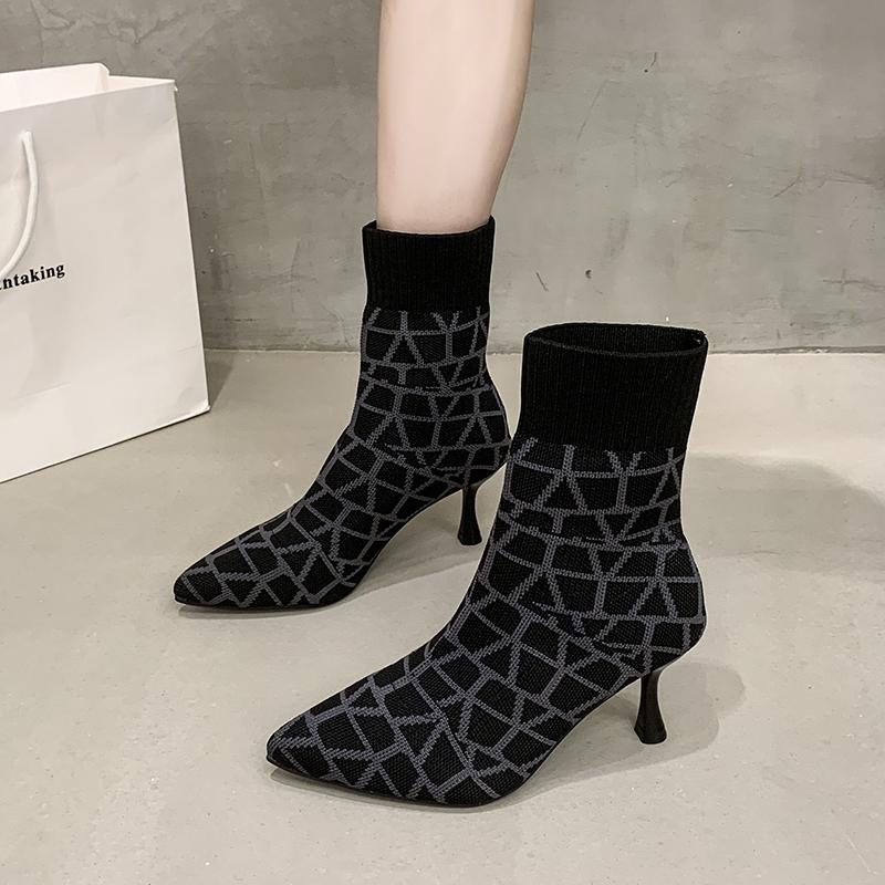 Women's Fashion Boots Pointed Toe Thin Heels Mixed Colors Knitted Boots Fashion All-match Breathable Mesh Women Stretch Boots