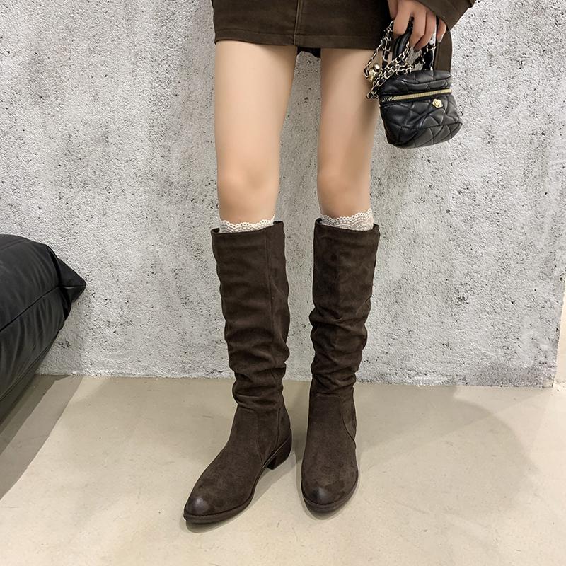 Fashion Women Knee High Boots Autumn Winter Female Shoes Fashion Female Slip-on Folds Low Heel Round Toe Flat Long Boots Botas De Mujer