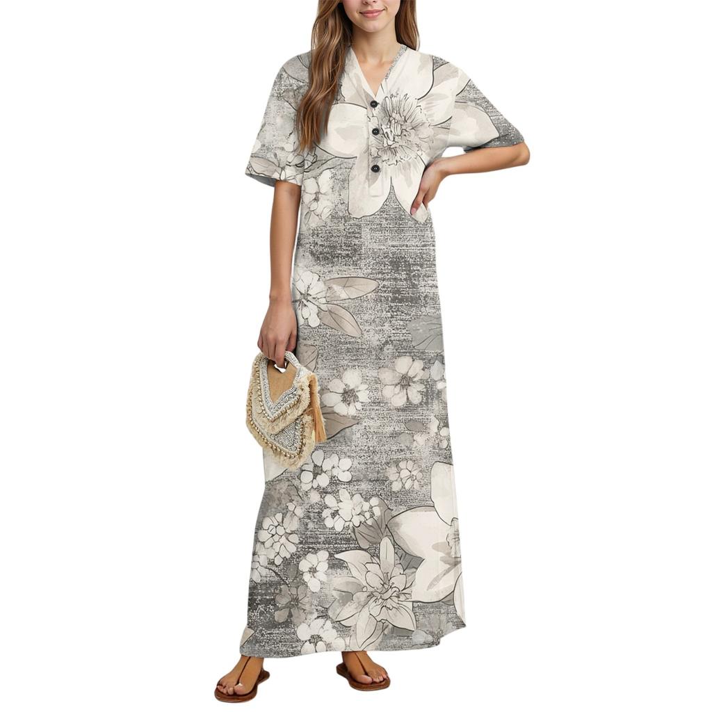 Women's Fashion Printed Nightgown Home Clothes Short Sleeve Nightgown With Pockets Long Dress