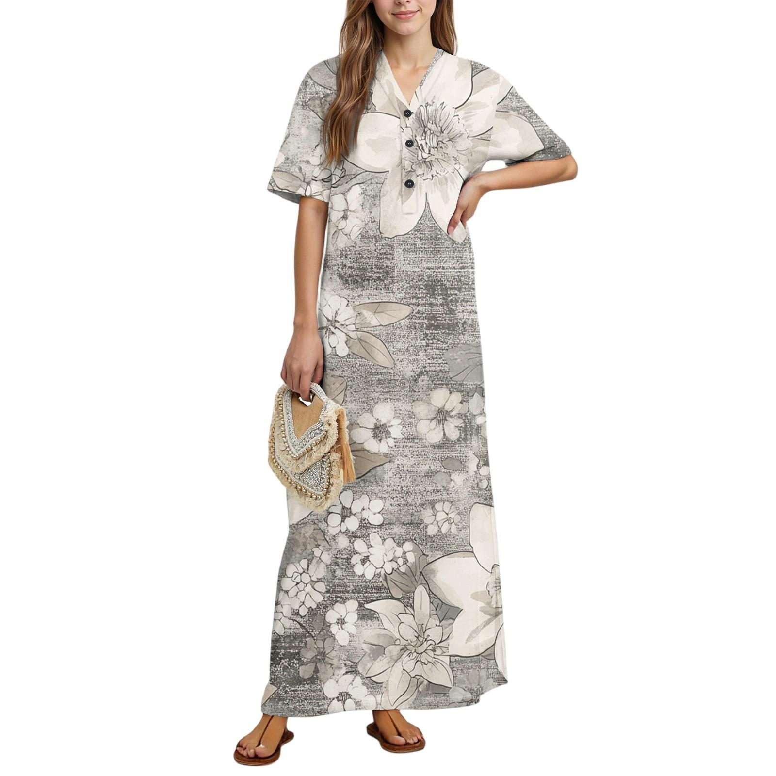 

Женская мода Принтованная ночная сорочка Домашняя одежда Ночная сорочка с коротким рукавом с карманами Длинное платье S