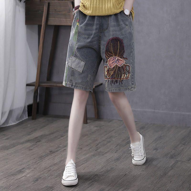 Women's New Summer Cowboy Shorts Thin Loose Slim Versatile Elastic Waist Straight Leg Pants