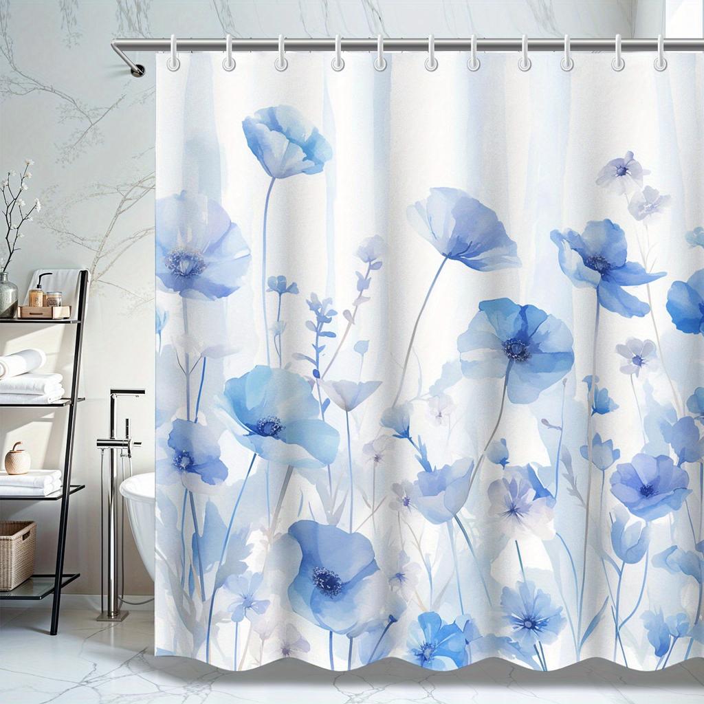 Enhance Your Bathroom with a Waterproof Shower Curtain Featuring Delicate Blue Flowers for a Fresh and Elegant Look