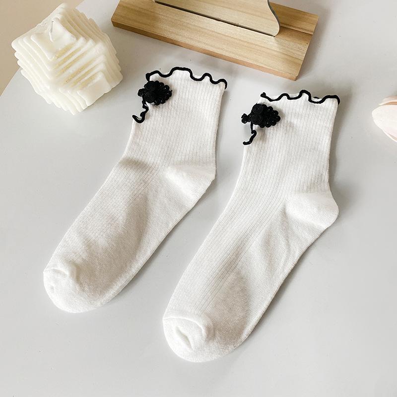 Chinese-style Cheongsam-style Lady's Socks with Retro Wooden Ear Embellishments, Mid-calf Length Socks, Trendy Plain-colored Women's Socks.