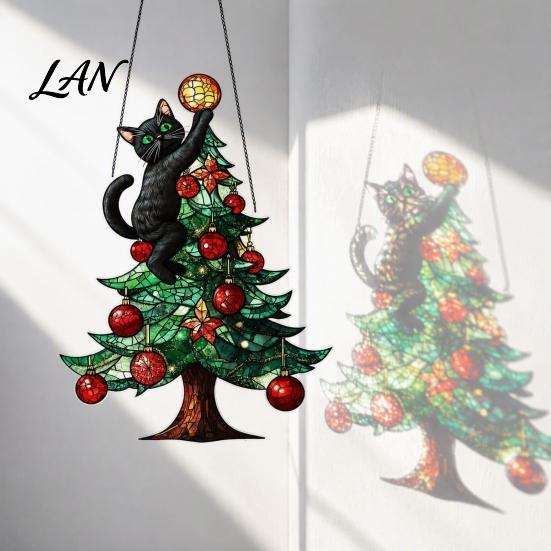 Indoor Outdoor Festive Decor Christmas Suncatcher, Stained Glass Style Window Hanging Ornament, Cute Cat Santa Decorative Sun Catcher Gift Claus