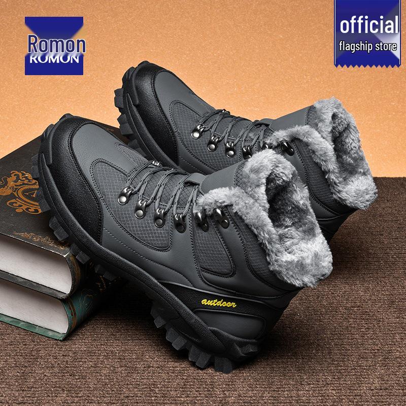 Men's Winter 2025 Snow Boots: New Style Leather & Fur, Velvet-Lined, Thickened Warm Genuine Leather, Cold-Resistant, Large Cotton Shoes