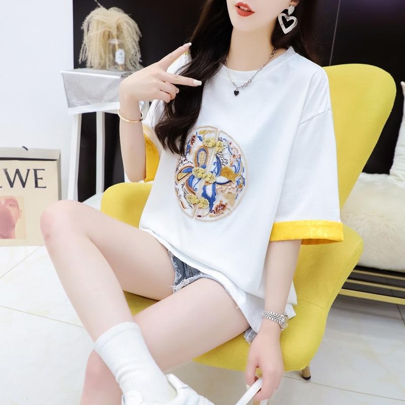 

Женская свободная футболка большого размера средней длины с коротким рукавом и жаккардовой вышивкой, летняя XL белый