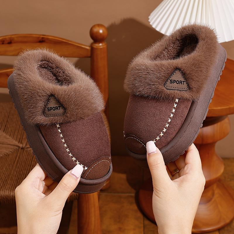 Children's Cotton Slippers Leather Surface Waterproof Soft Non-slip Piled Thick Parent-child Adult Couple Home Winter Warm