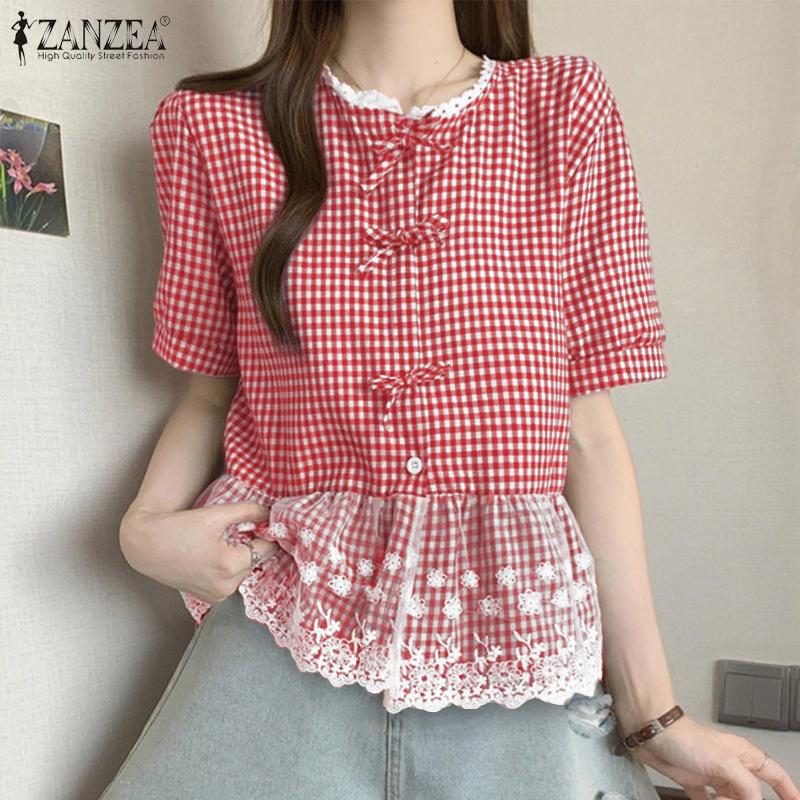 ZANZEA Women Summer Round Neck Lace Patchwork Plaid Casual Ruffled Blouse