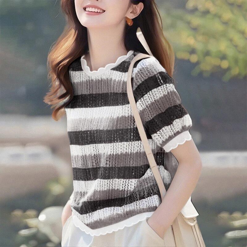 

ZANZEA Women Casual Summer Short Sleeve Stripe Print Hollow Cover Up Blouse S чорний