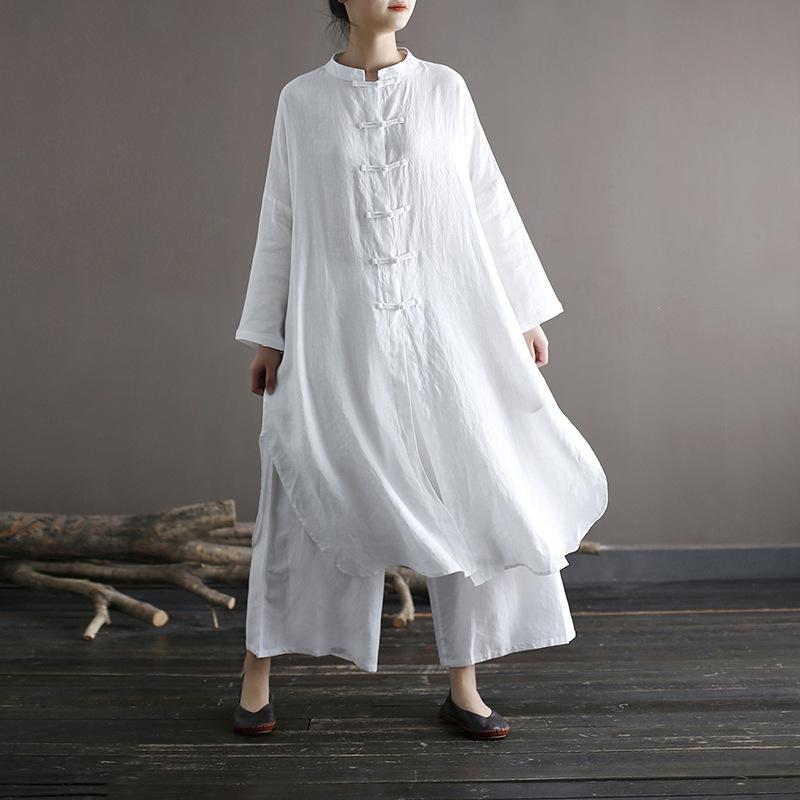 Xi Mo Women's Retro Linen Stand-Collar Cardigan Dress