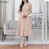 ZANZEA Women Casual Round Neck Solid Color 3/4 Sleeve Dress