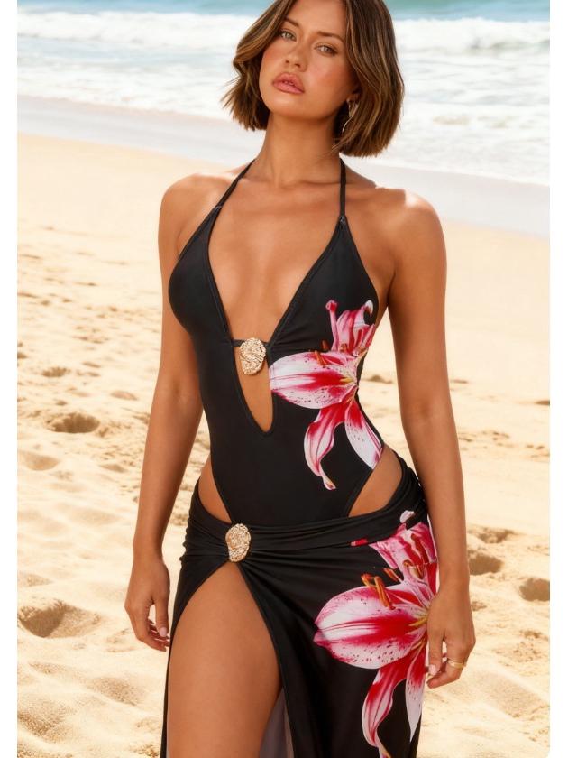 Jednoczęściowy strój kąpielowy plażowy bikini dla kobiet z krzyżującymi się ramiączkami i głębokim dekoltem w serek, z nadrukiem