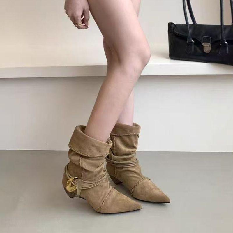Women's 2025 Retro Suede Kitten Heel Ankle Boots: Pointed, Ruched, Tie Stacked, Versatile Fashion