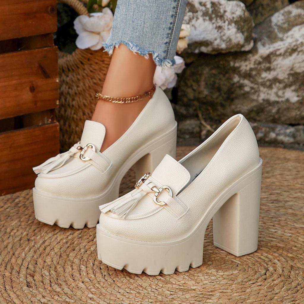 Women's Chunky Heel High Heel Shoes with Tassel Decoration - 2025 Autumn Collection in Plus Sizes
