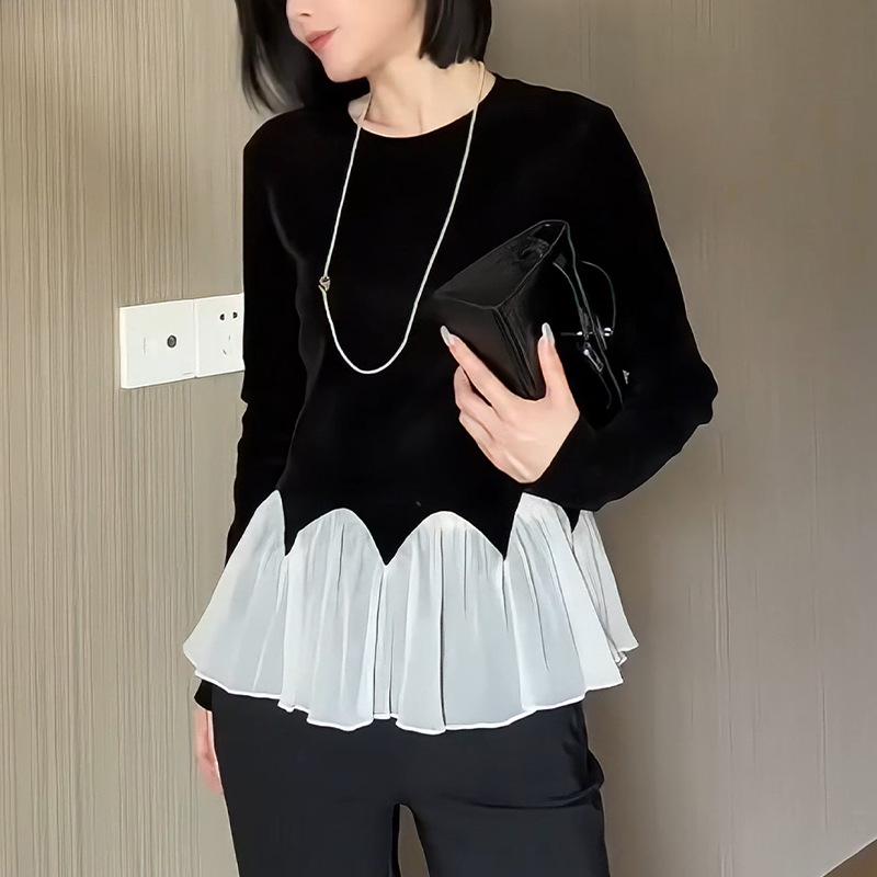 

2024 Ранняя осень Шикарный черно-белый топ с длинными рукавами в стиле колор-блок 2XL чёрный