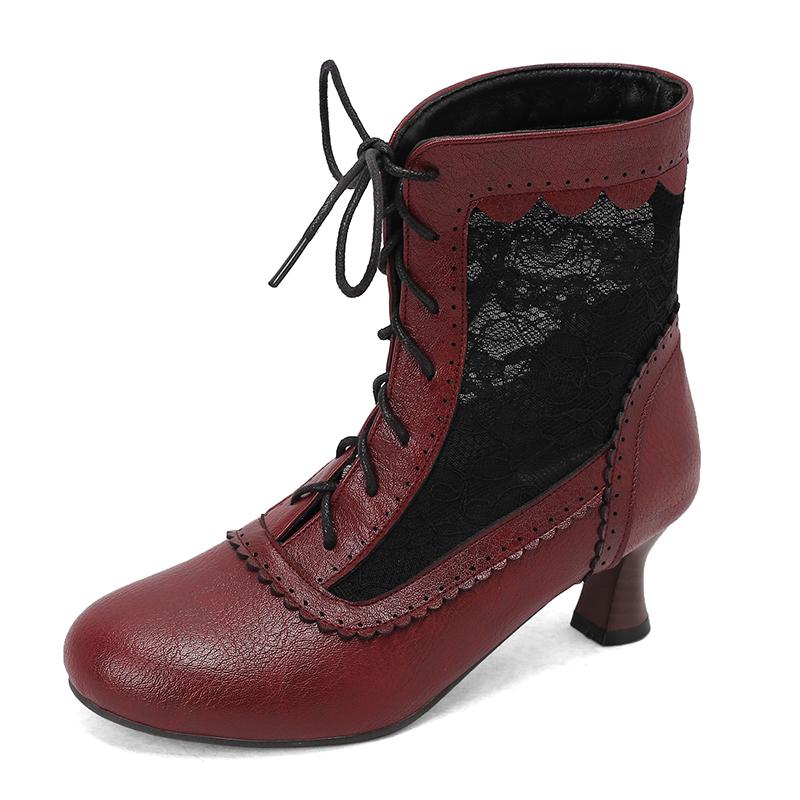 Fashion 2025 New Lace Up Hollow Mesh Victorian Ladies High Heel Shoes Strange Steampunk Boot Ankle Boots Women Thick Soled Short Boots