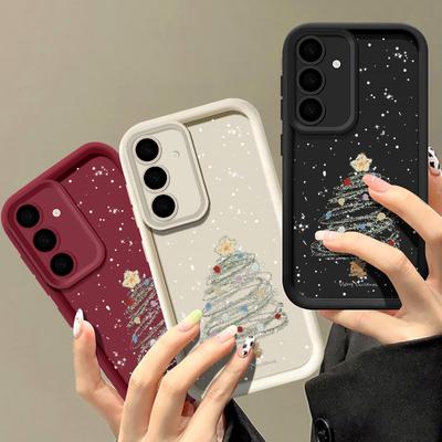 Hülle mit Cartoon-Weihnachtsbaum-Muster für Samsung S25 S24 Fe S23 S22 Ultra S21 A55 A54 A34 A35 A15 A14, stoßfest, Objektivschutz, weiche Silikonhülle