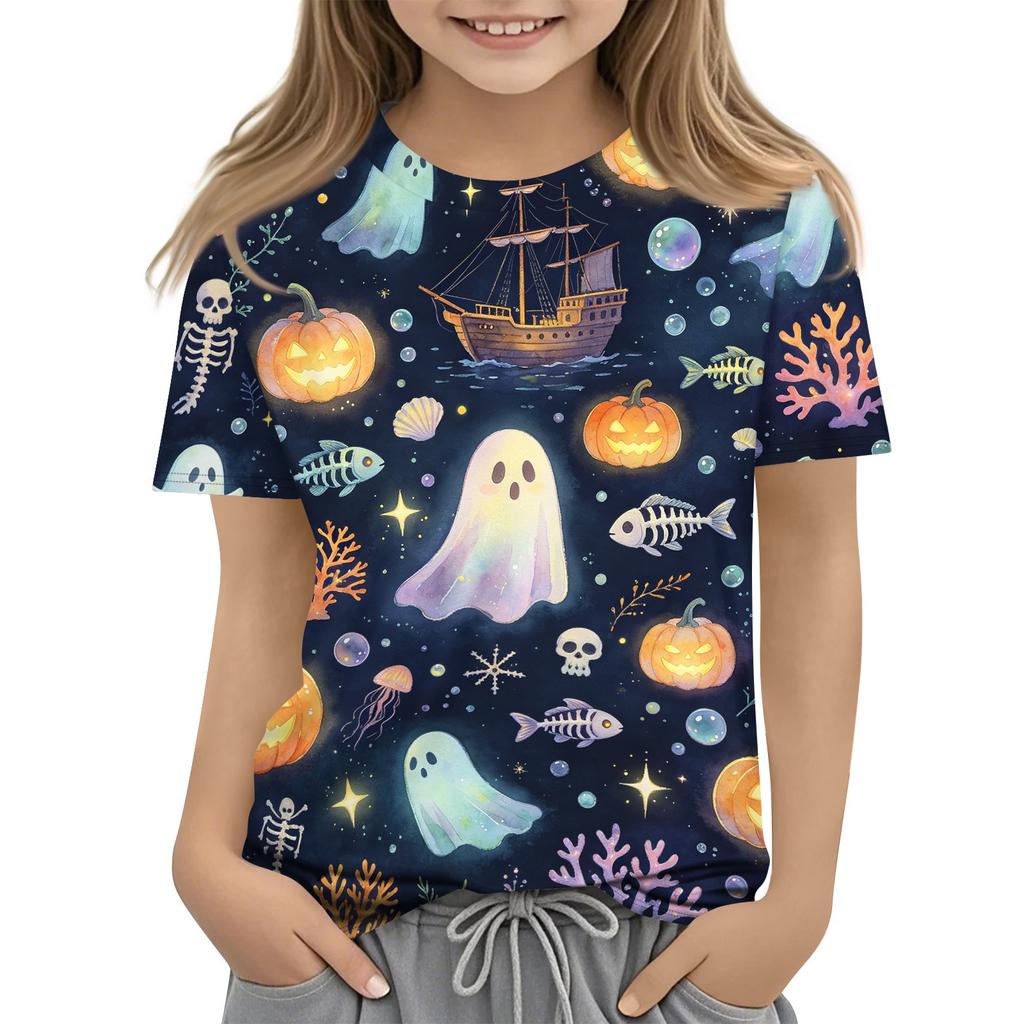 Boys and Girls Halloween T-Shirt - Round Neck Short Sleeve Casual Graphic Tee for Kids