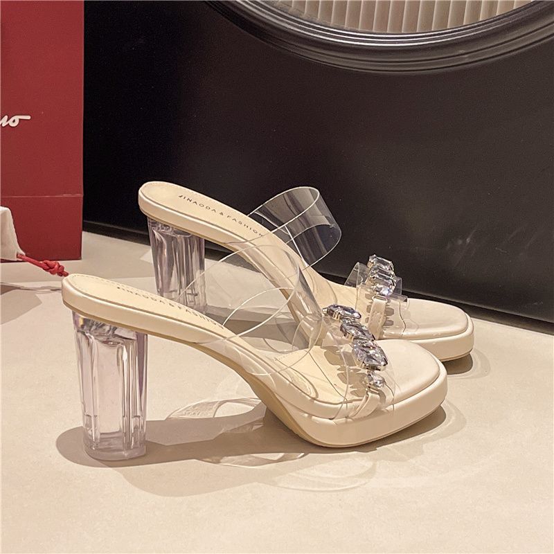 High-heeled Sandals Women's Summer 2025 New Wear Transparent Rhinestone Thick-soled Fairy Wind Sexy Crystal Thick-heeled Sandals