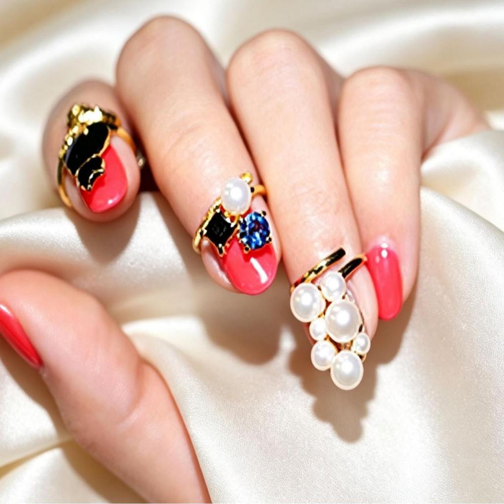 Korean Style Gemstone Cat Pearl Nail Art Ring Set - 4 Pieces
