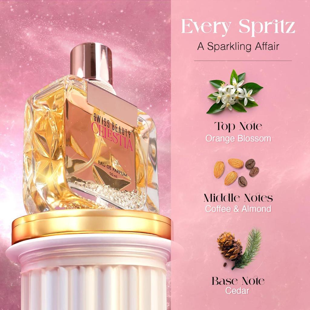 Swiss Beauty Celestia EDP | Profumo a Lunga Durata | Per Tutti i Giorni | Nota di Testa: Fiori d'arancio | Note di cuore: Caffè e Mandorla | Nota di Fondo: Cedro