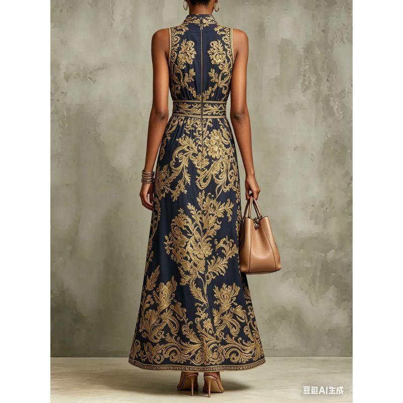 Style européen et américain, robe longue rétro brodée d'or, robe de soirée fine et ajustée pour femmes