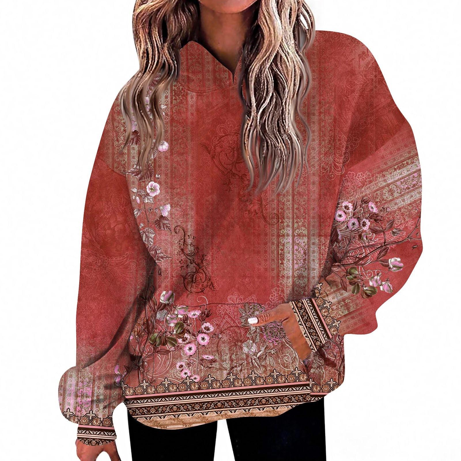 Women s Fashion Daily  Casual V-Neck Long Sleeve Printed Top M красный