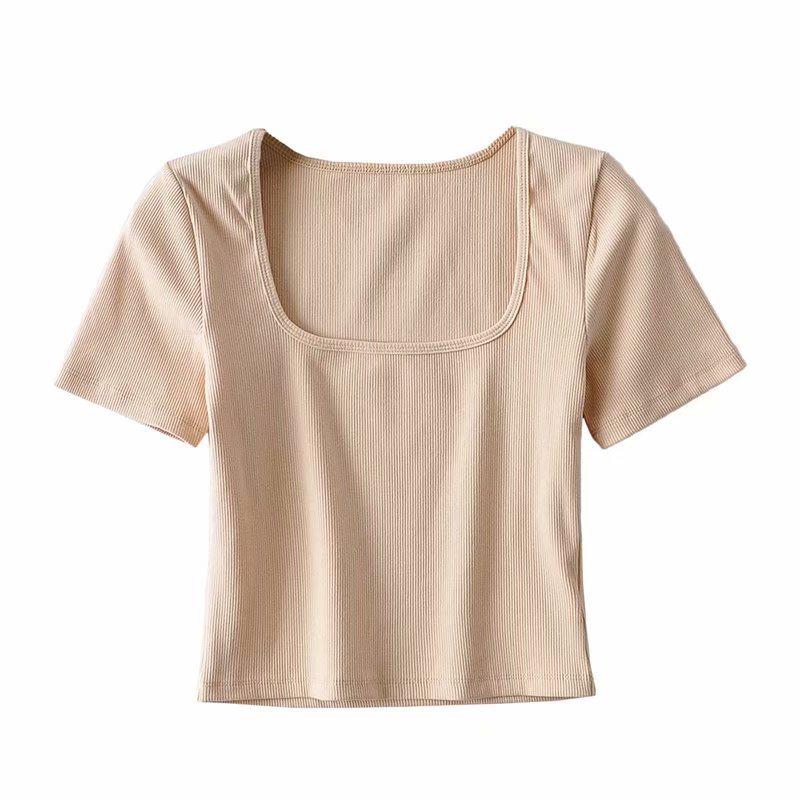 Women's European & American Style Crop Top: Generous Neckline, Tight Short Sleeves, Elastic, Sports Fitness Base Layer T-Shirt.