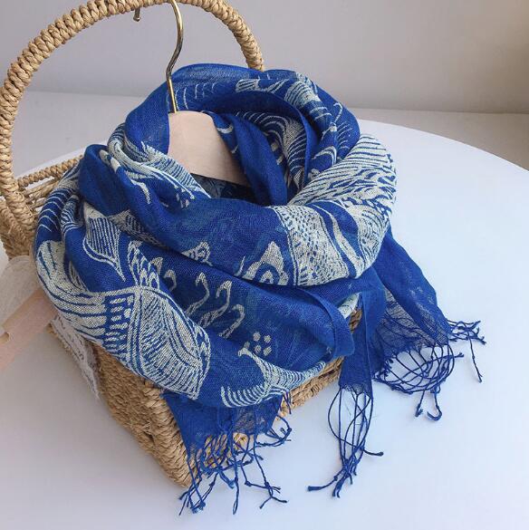 60x185CM Spring And Autumn Thin Retro Blue Tie Dyed Scarf Breathable Peacock And Butterfly Design Thin Linen Scarves For Lady