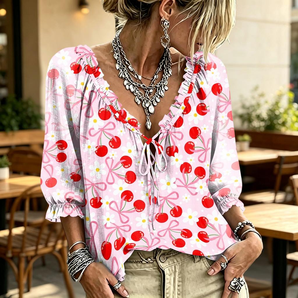 Women's V-Neck Ruffle Blouse with Tie and Print Design