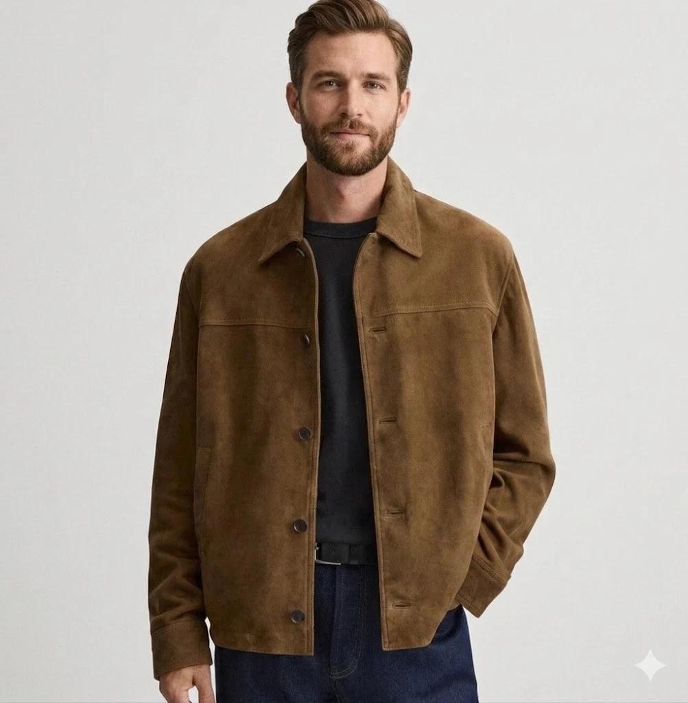 Brown Men’s Handmade Stylish Suede Real Soft Lambskin Leather Fit Jacket Biker S коричневый
