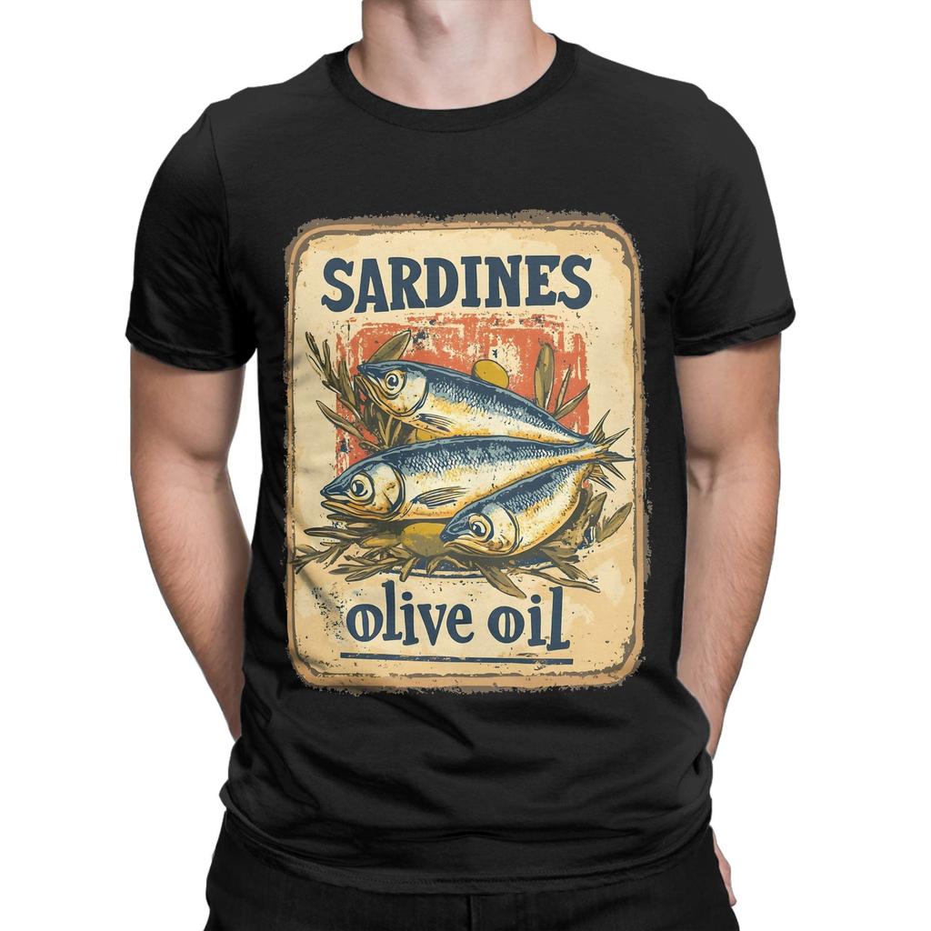 Men Sardines in olive oil   T Shirt  A Vintage Poster Pure Cotton Clothes Casual Short Sleeve Crew Neck Tee Shirt  T-Shirt