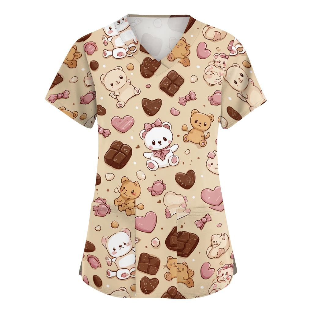 Women's V Neck Short Sleeve Work Top with Pockets Cartoon Print Medical Uniform Scrub Shirt for Healthcare Professionals