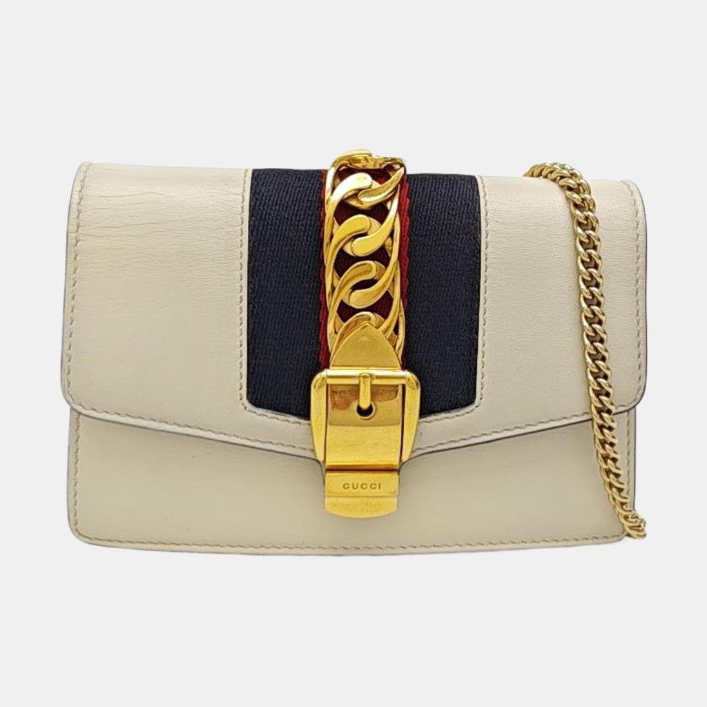 [Pre-Owned] Sylvie Gold Buckle Striped Web Chain Leather Mini Square Crossbody Bag - Good #1JODX7F