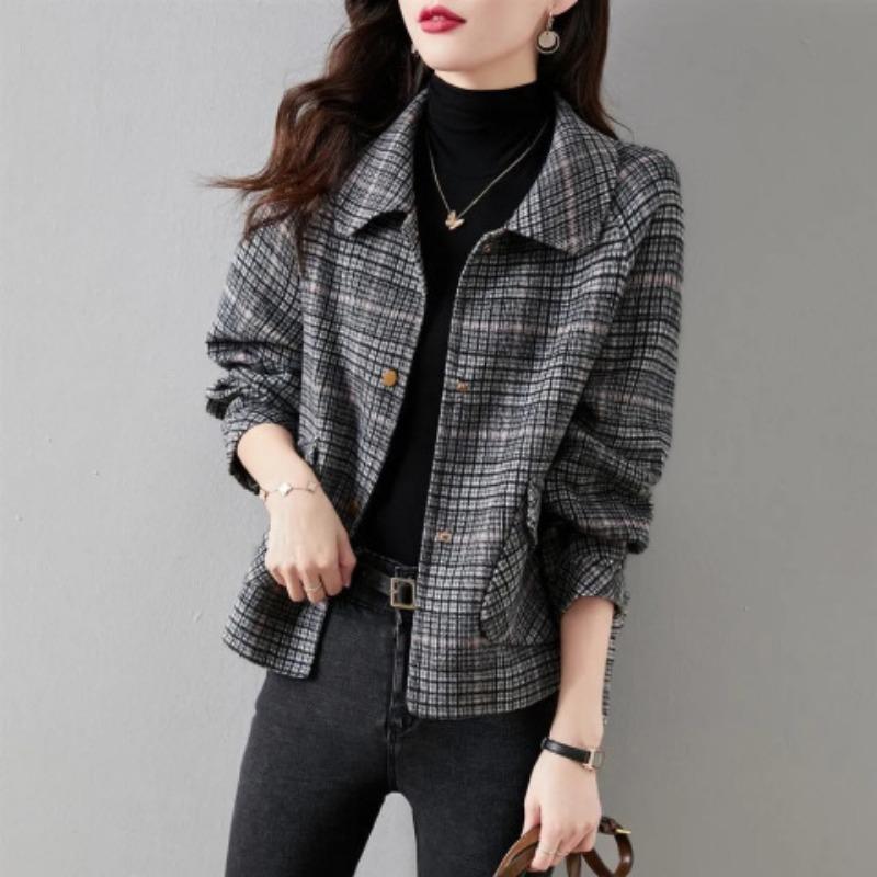 Xiaoxiangfeng Jacket for Women, Spring and Autumn Korean Style Short Plaid Tweed Top for Small People